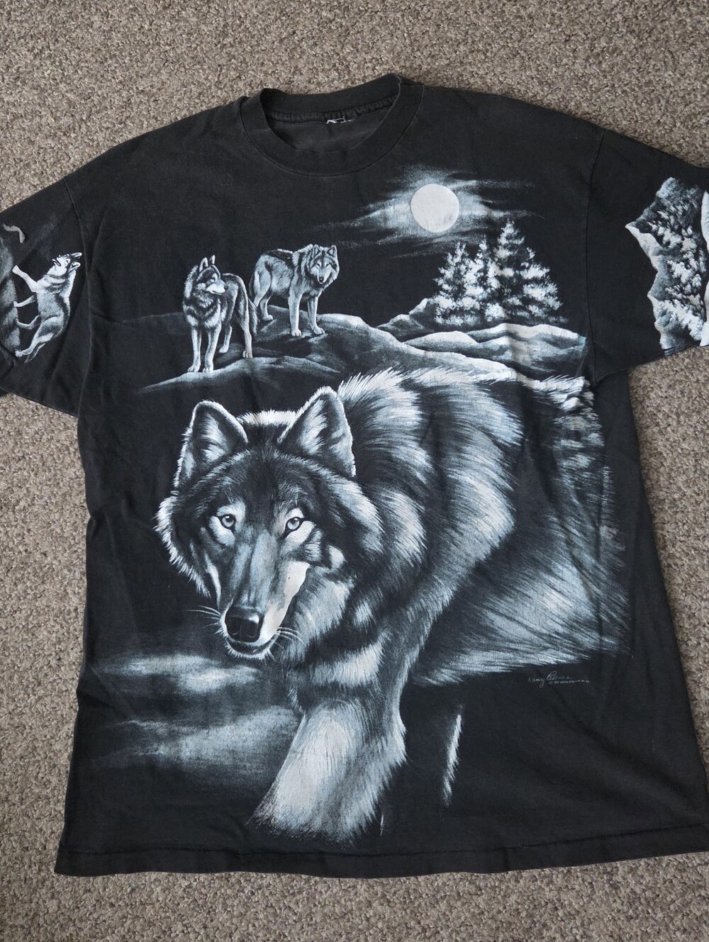 Vtg 90's Nancy Blauers‎ Wolf Pack All Over Print Single Stitch T-shirt Size XL